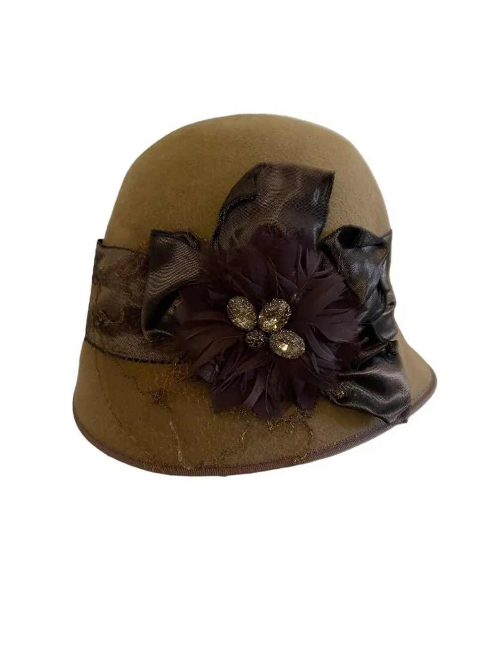 Louise Green Brown Wool Cloche Hat Satin Ribbon Feather Rhinestone Flower Accent